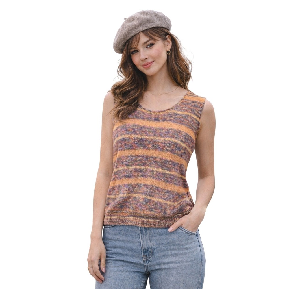 Hand Knit Vintage Striped Sleeveless Sweater‎ Top Multi Color